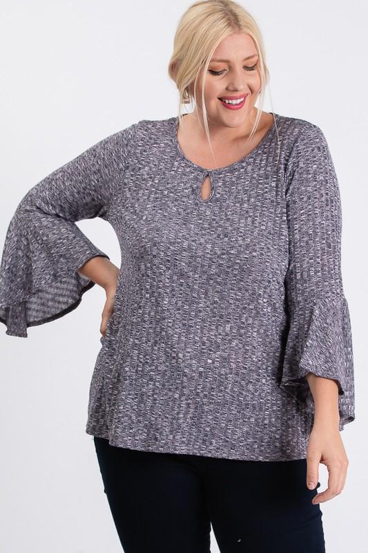 Front Keyhole 2tone Rib Fabric 3/4 Bell Sleeve Top