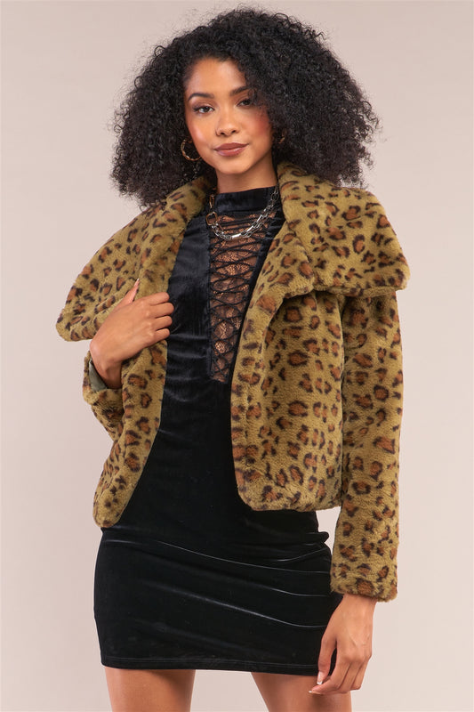 Green Leopard Print Faux Fur Open Front Oversized Collar Jacket