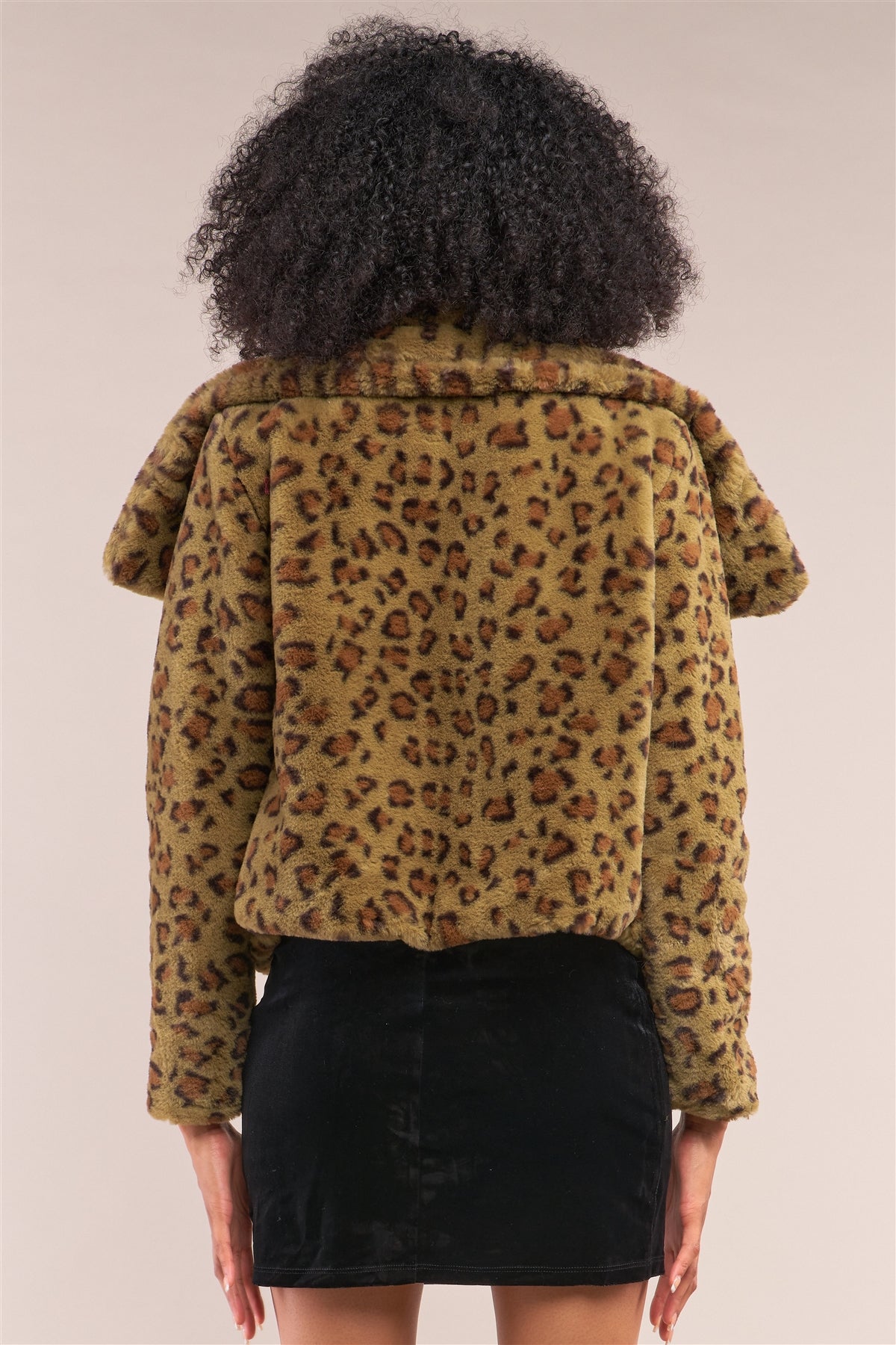 Green Leopard Print Faux Fur Open Front Oversized Collar Jacket