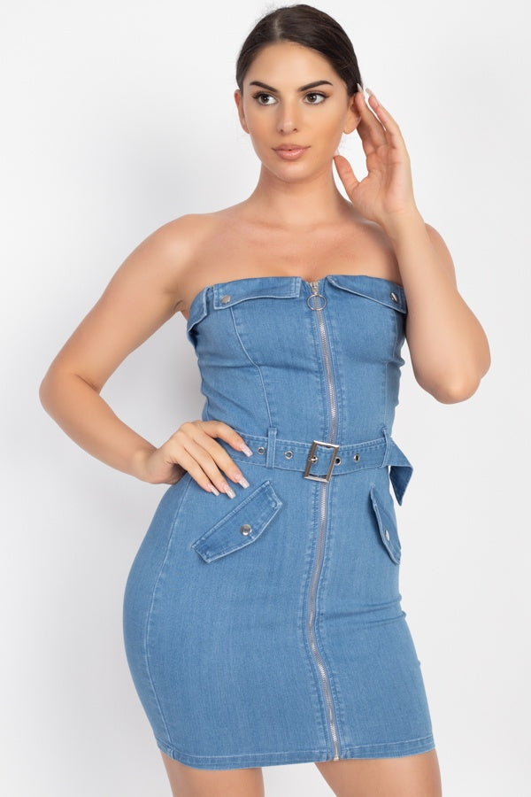 Sleeveless Front Zipper Belted Bodycon Dress