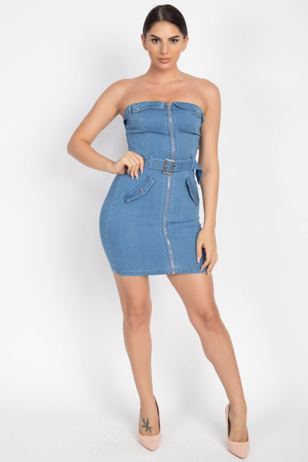 Sleeveless Front Zipper Belted Bodycon Dress