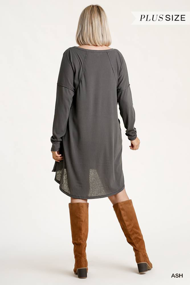 Long Raglan Sleeve Round Neck Raw Edged Detail Dress With Side Slits And Pockets