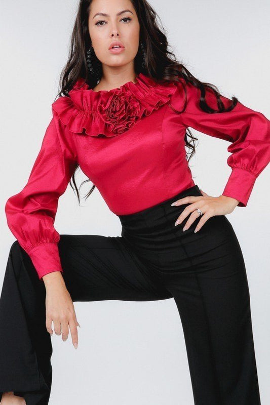 Blouse: Flower Patch With Ruffle Neck Satin Blouse