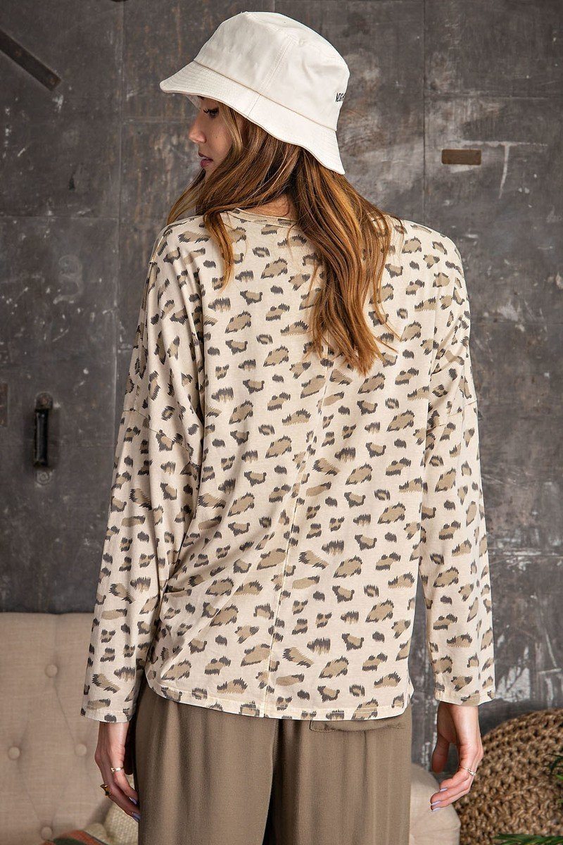 Leopard Printed Garment Dye Loose Fit Knit Top