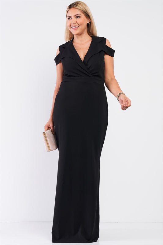 Plus Black Sleeveless Collared Plunging V-neck Maxi Dress