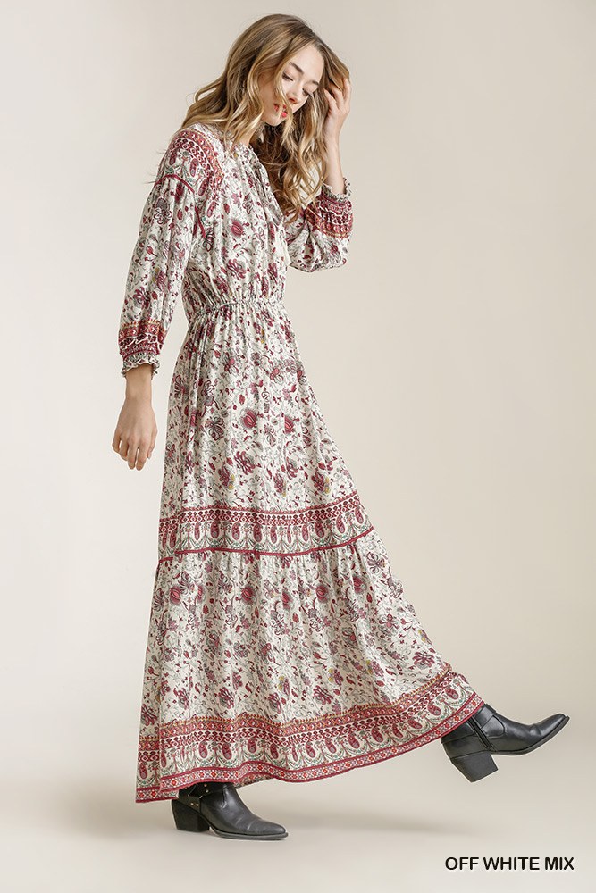 Paisley Print Smocked Ruffle Cuff Sleeve Elastic Waist Maxi Dress With Front String Tie