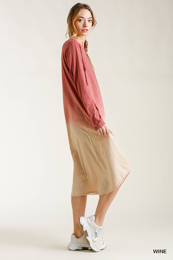 Ombre Front Knot Detail Long Sleeve Maxi Dress With Raw Hem