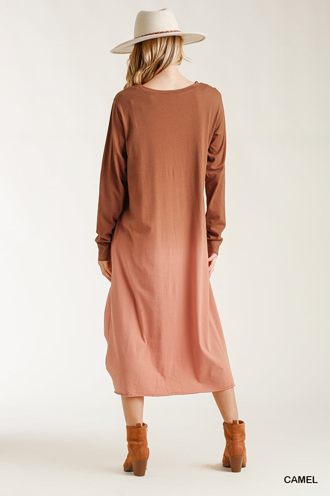 Ombre Front Knot Detail Long Sleeve Maxi Dress With Raw Hem