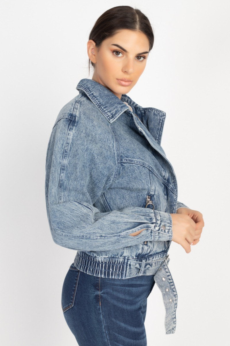 Ribbed Hem Belted Denim Jacket