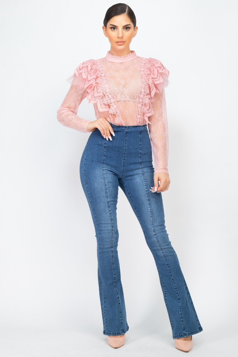 Floral Lace Ruffle Trim Top