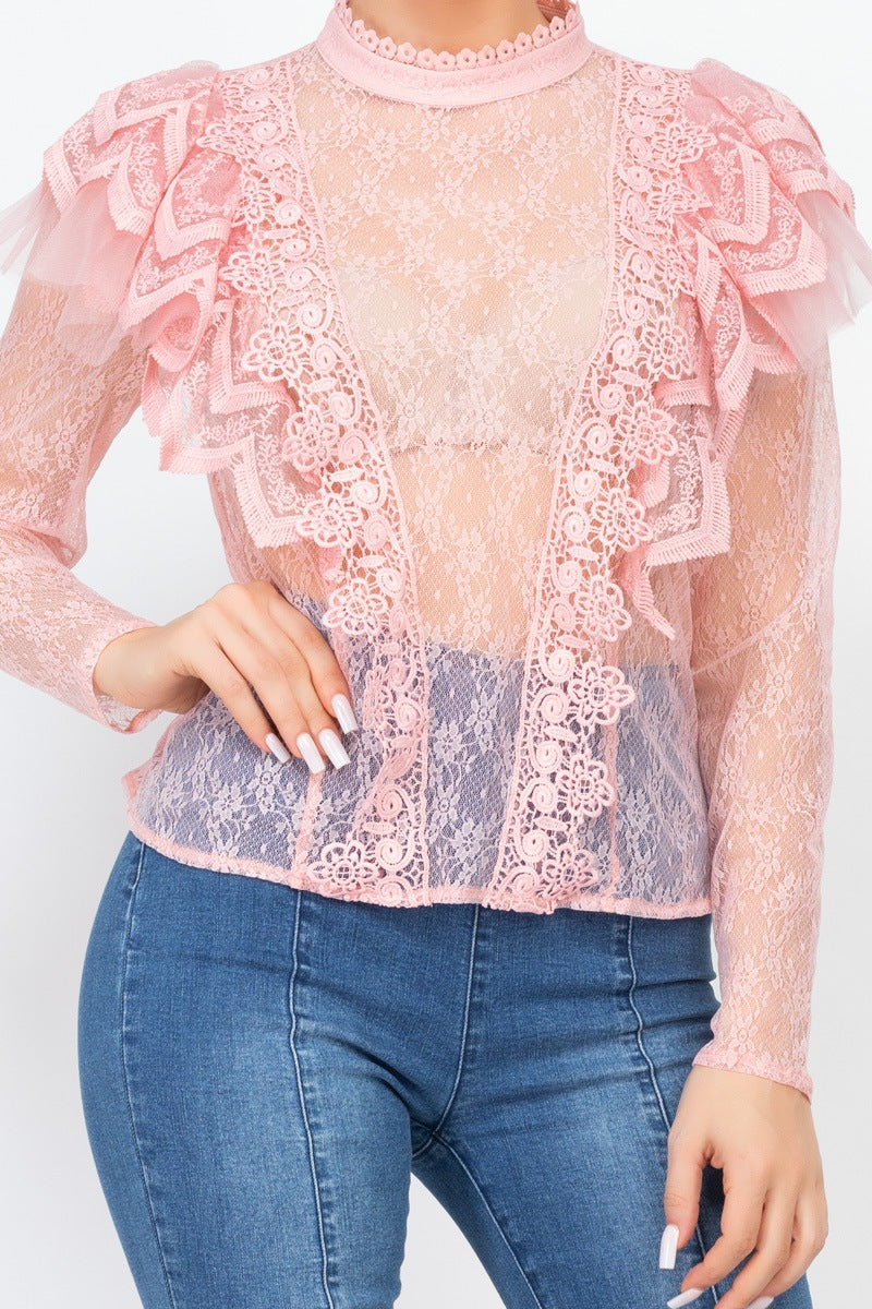 Floral Lace Ruffle Trim Top