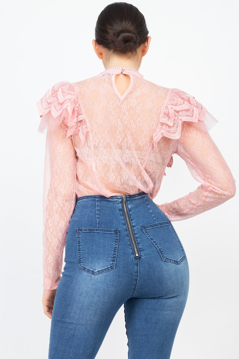 Floral Lace Ruffle Trim Top