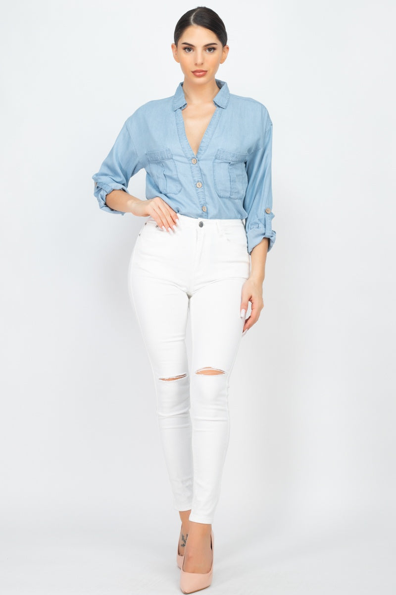 Chest-pocket Long Sleeves Polo Top