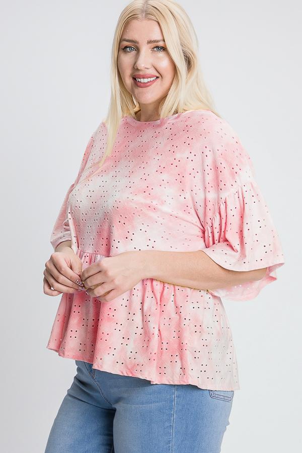 Tie Dye Ruffled Sleeves And Bottom Eyelet Blouse