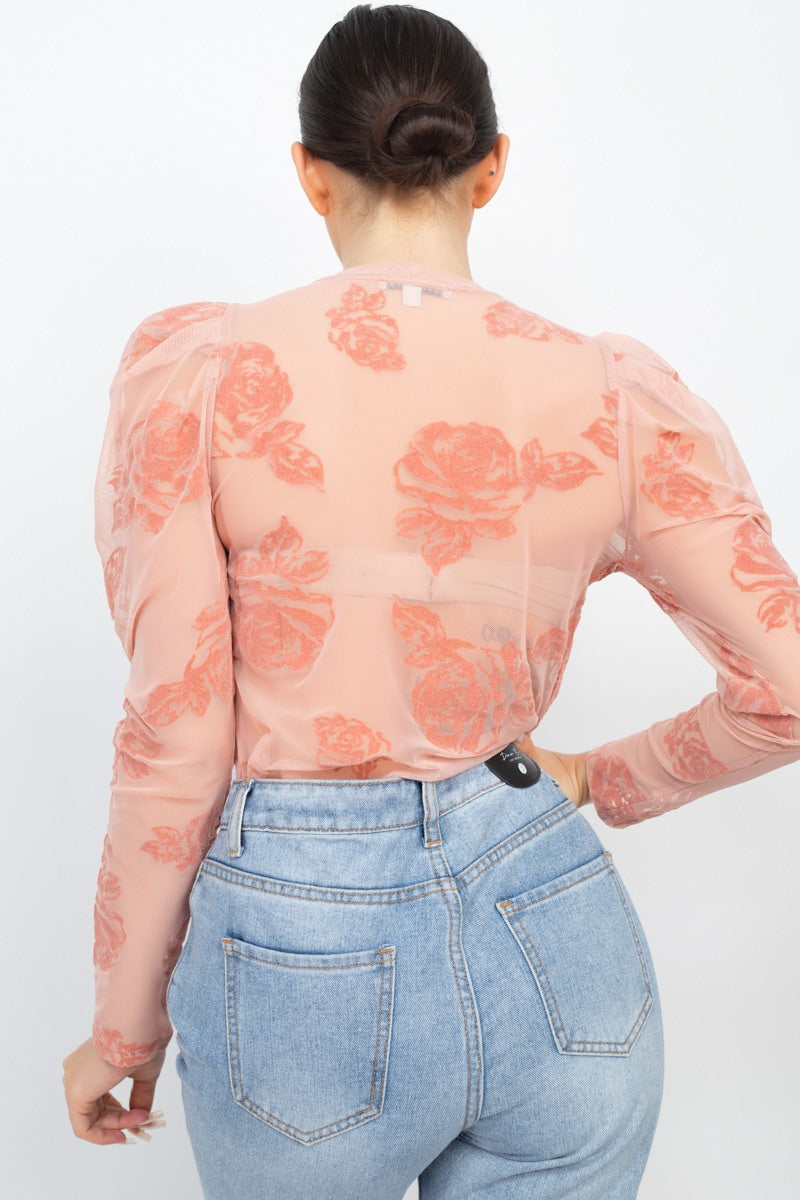 Floral-embroidered Long Puff Sleeves Top