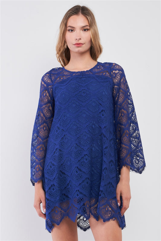 Royal Blue Crochet Lace Round Neck Long Bell Sleeve Zigzag Hem Loose Fit Mini Dress