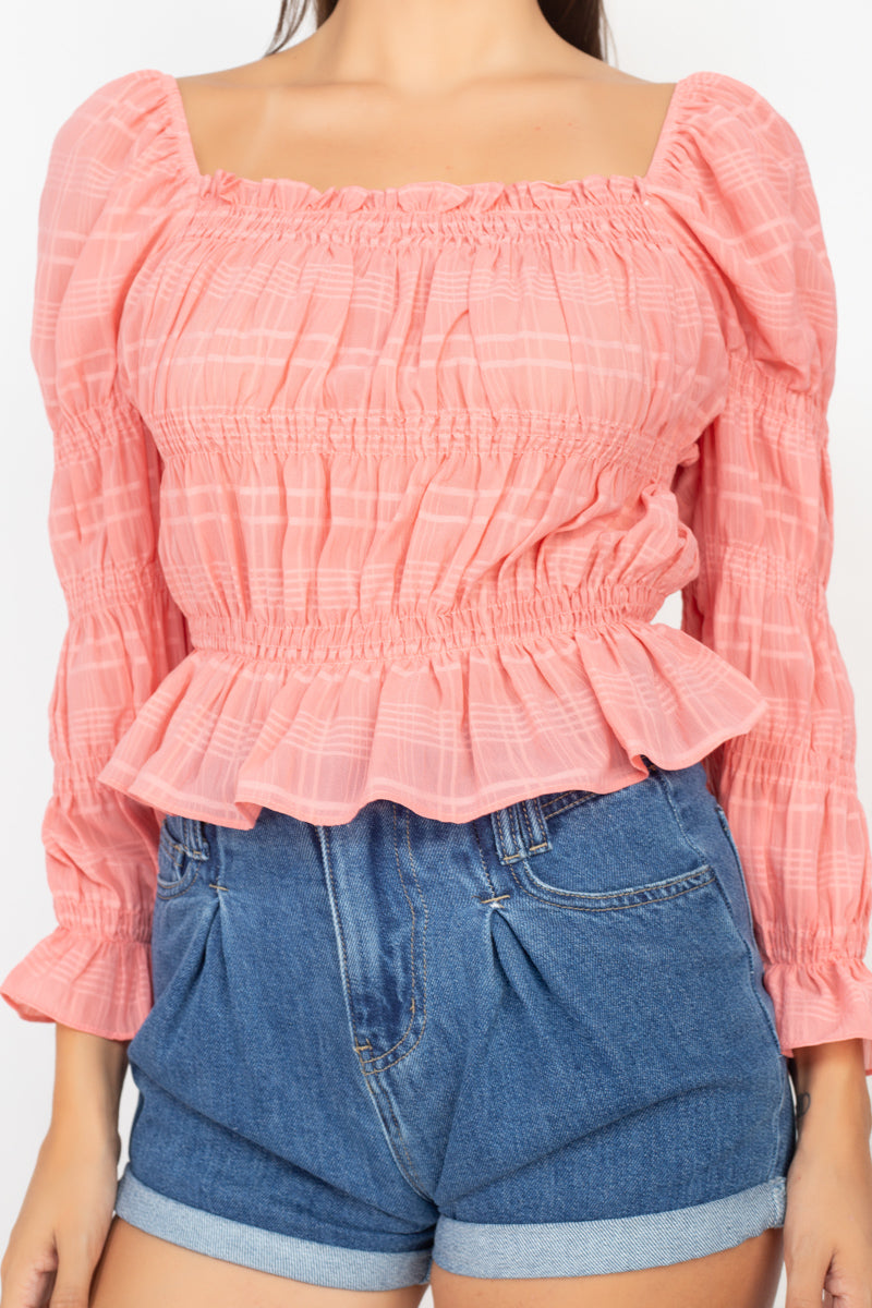 Smocking Plaid Pattern Crop Top