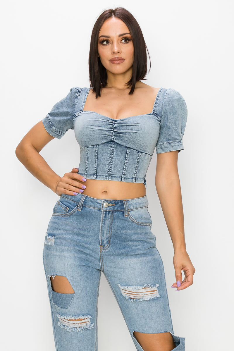 Acid Wash Puff-sleeve Crop Top