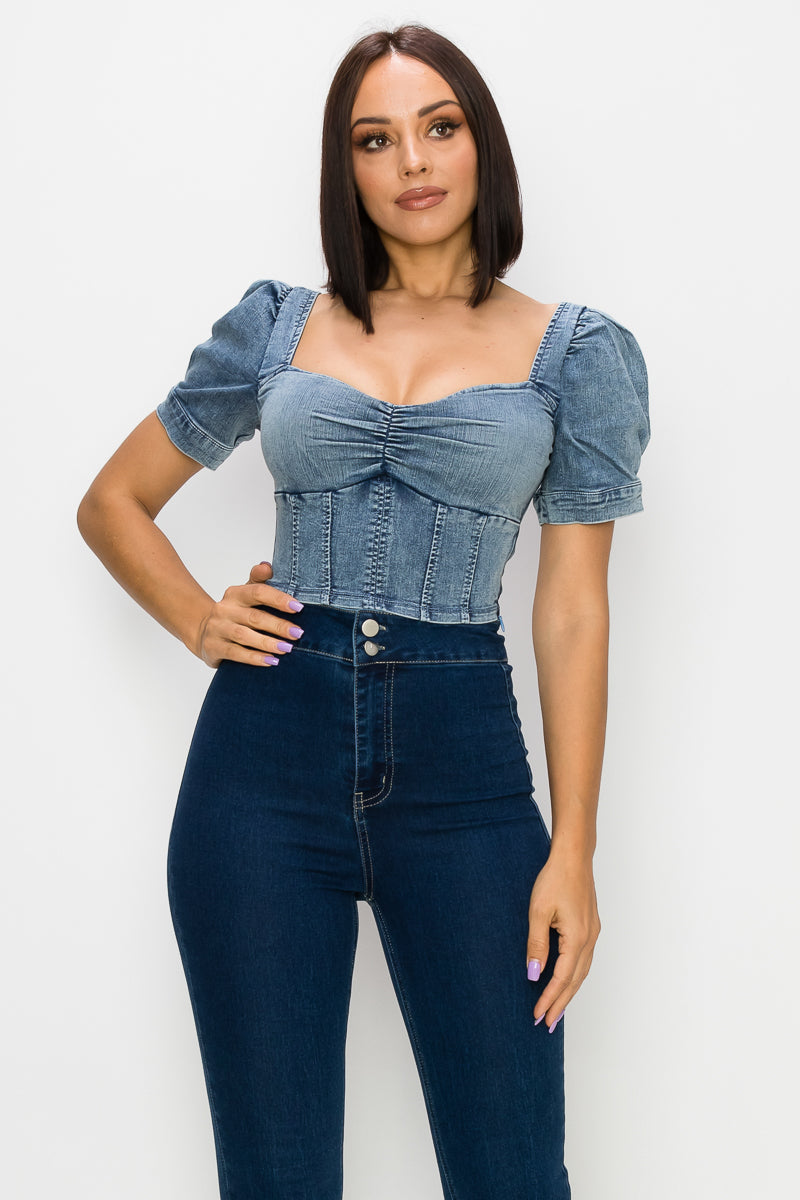 Acid Wash Puff-sleeve Crop Top