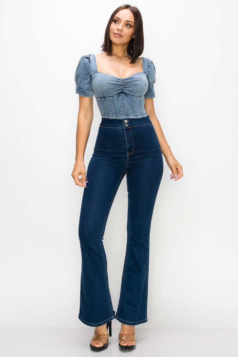 Acid Wash Puff-sleeve Crop Top