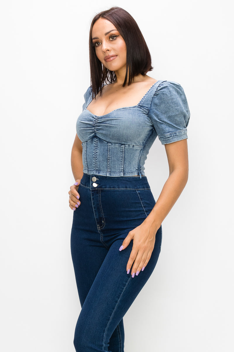 Acid Wash Puff-sleeve Crop Top