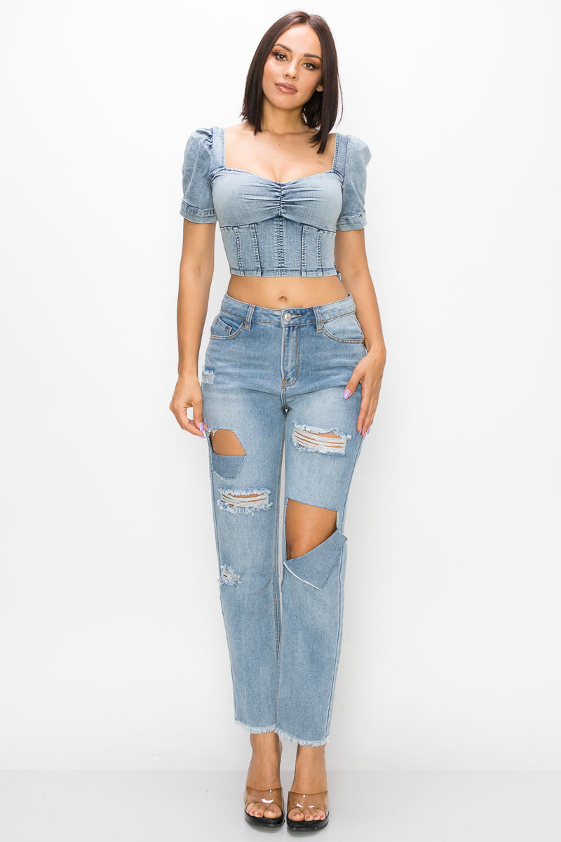 Acid Wash Puff-sleeve Crop Top