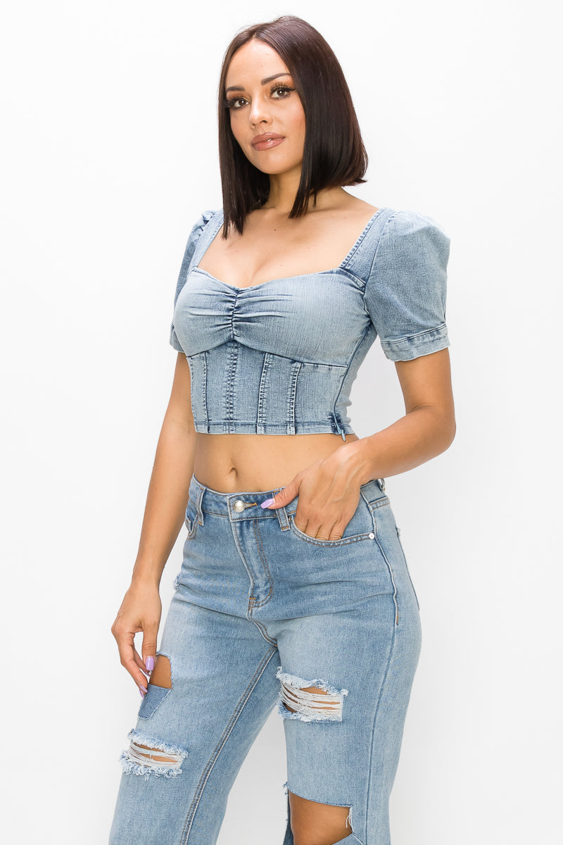 Acid Wash Puff-sleeve Crop Top