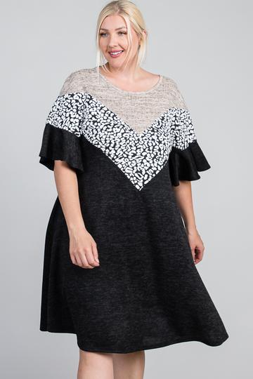 Ruffled Sleeve A Line Hidden Pocket Color Block Dress