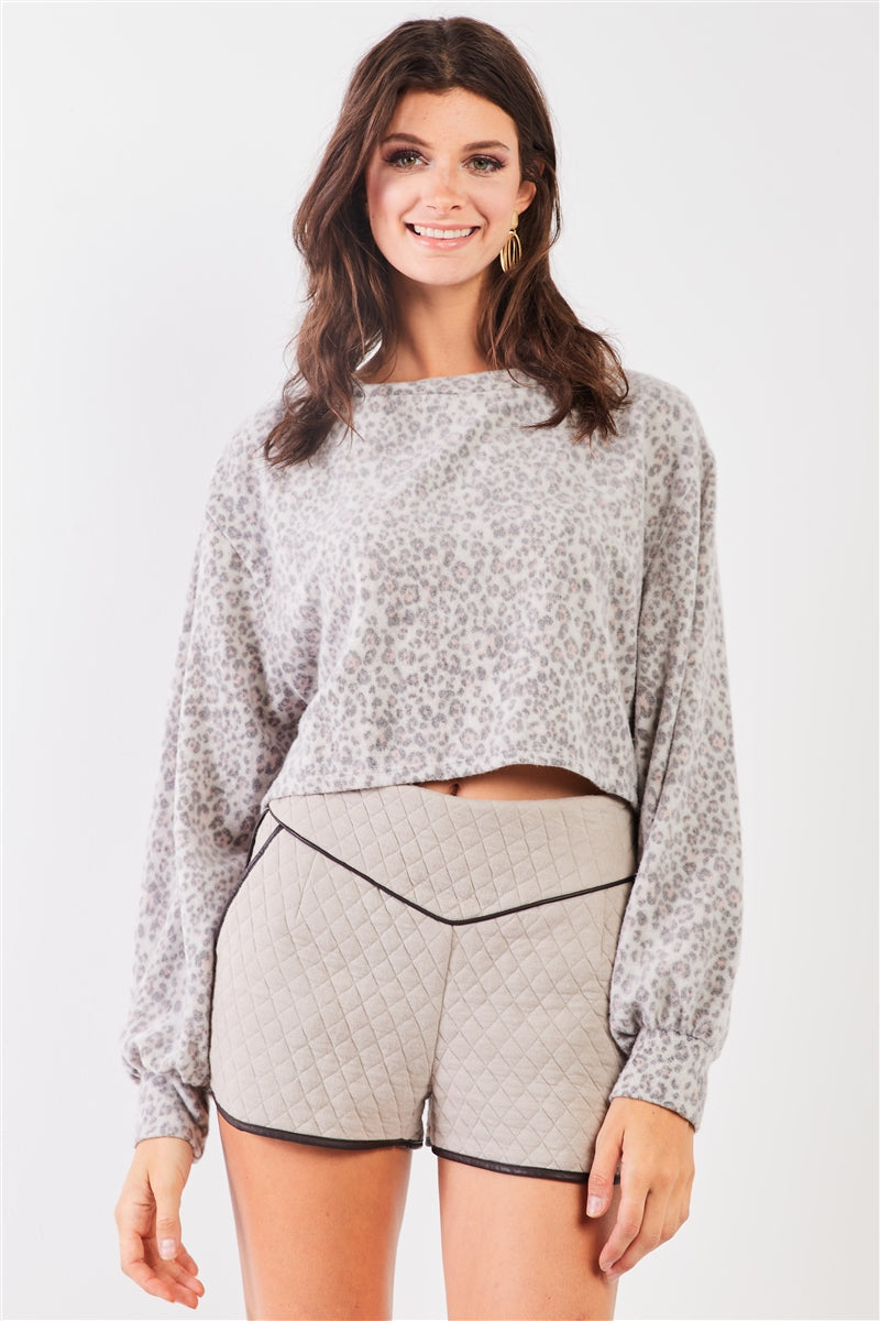 Grey Cheetah Print Crew Neck Long Balloon Sleeve Cropped Top