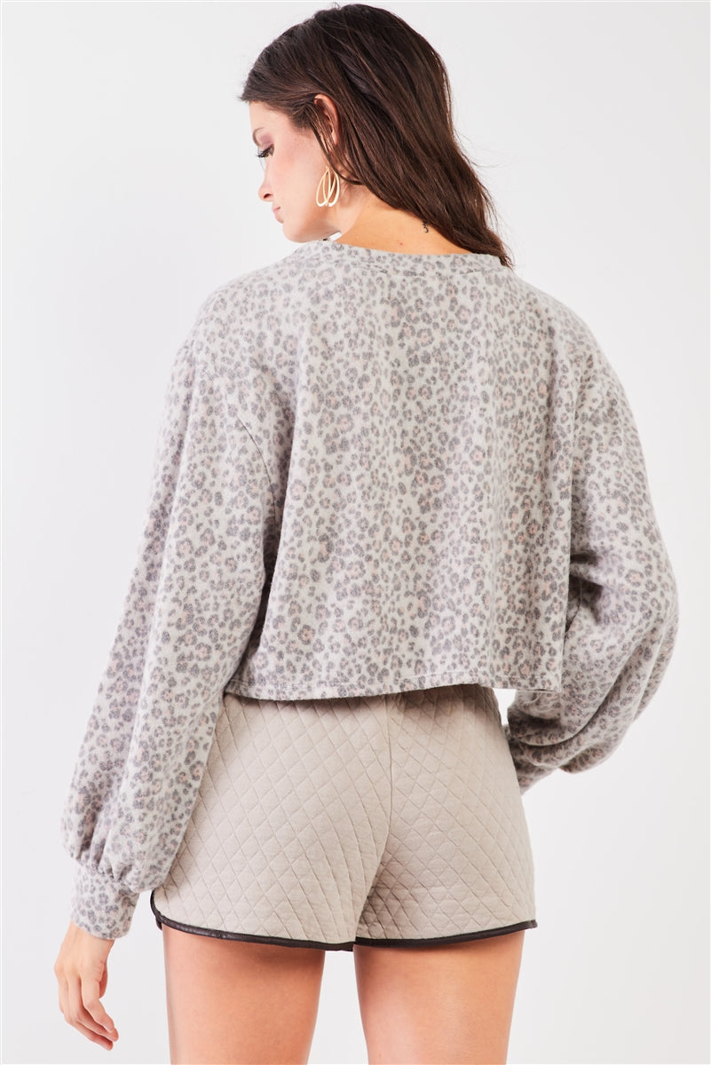 Grey Cheetah Print Crew Neck Long Balloon Sleeve Cropped Top