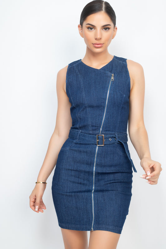 Front Zip Belted Denim Dress