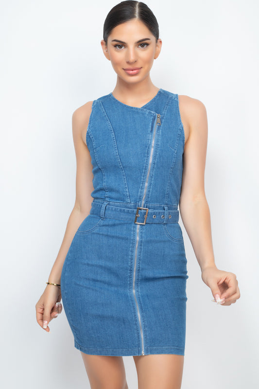 Front Zip Belted Denim Dress