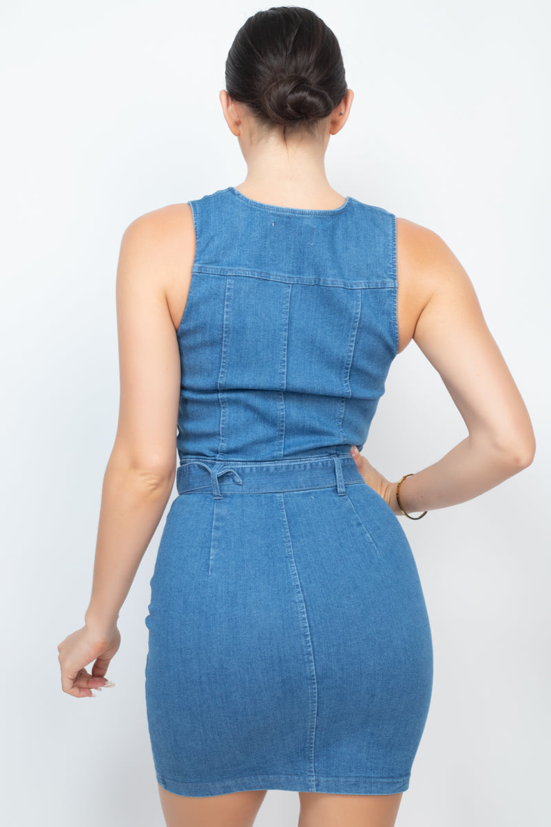 Front Zip Belted Denim Dress