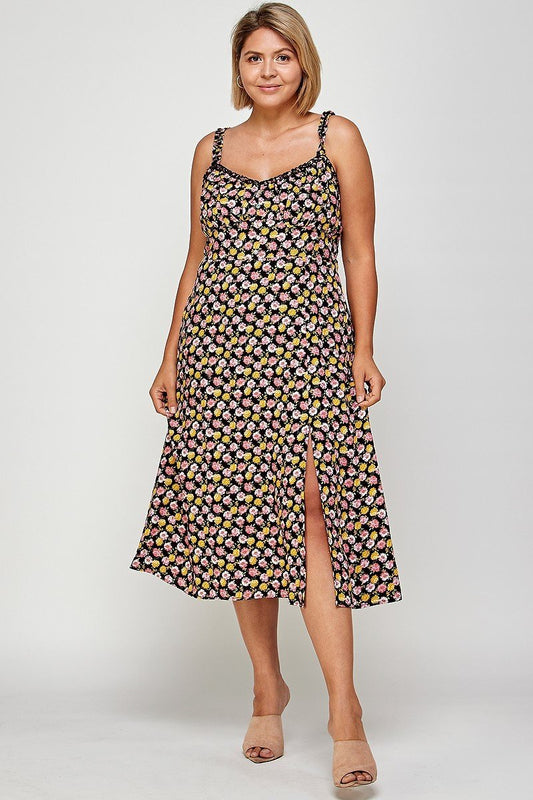 Plus Size, Floral Print Midi Dress
