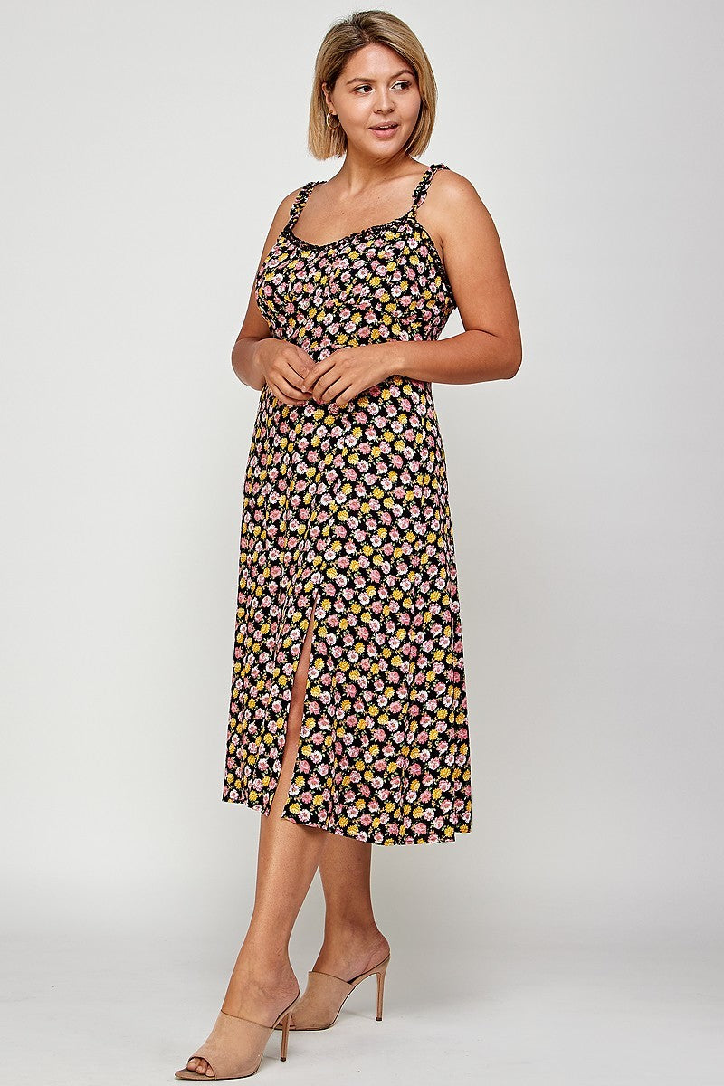 Plus Size, Floral Print Midi Dress