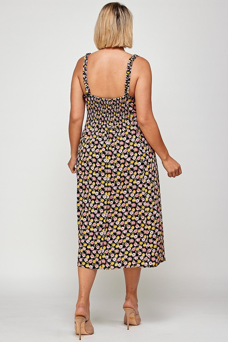 Plus Size, Floral Print Midi Dress