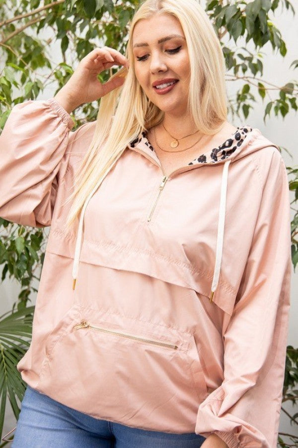 Plus Size Solid Pullover With Leopard Contrast Inside Windbreaker