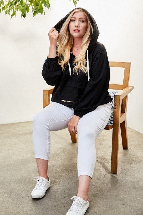 Plus Size Solid Pullover With Leopard Contrast Inside Windbreaker