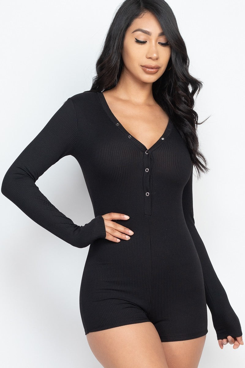 V Neck With Button Tap Bodycon Romper