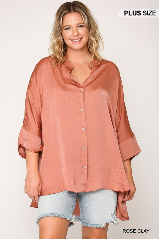 Washed Satin Button Down Loose Fit Top With Hi-lo Hem