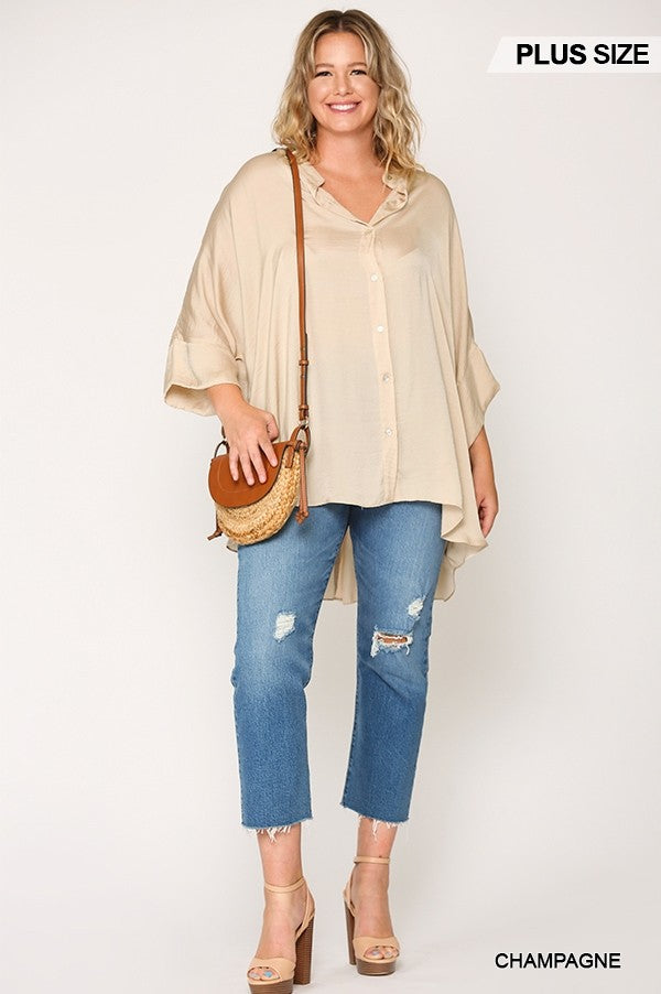 Washed Satin Button Down Loose Fit Top With Hi-lo Hem