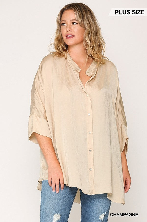 Washed Satin Button Down Loose Fit Top With Hi-lo Hem