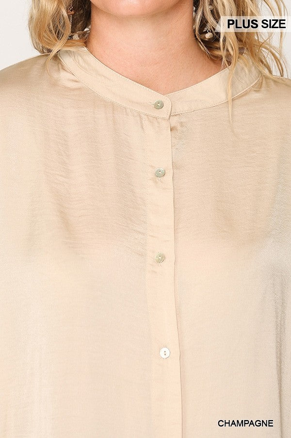 Washed Satin Button Down Loose Fit Top With Hi-lo Hem