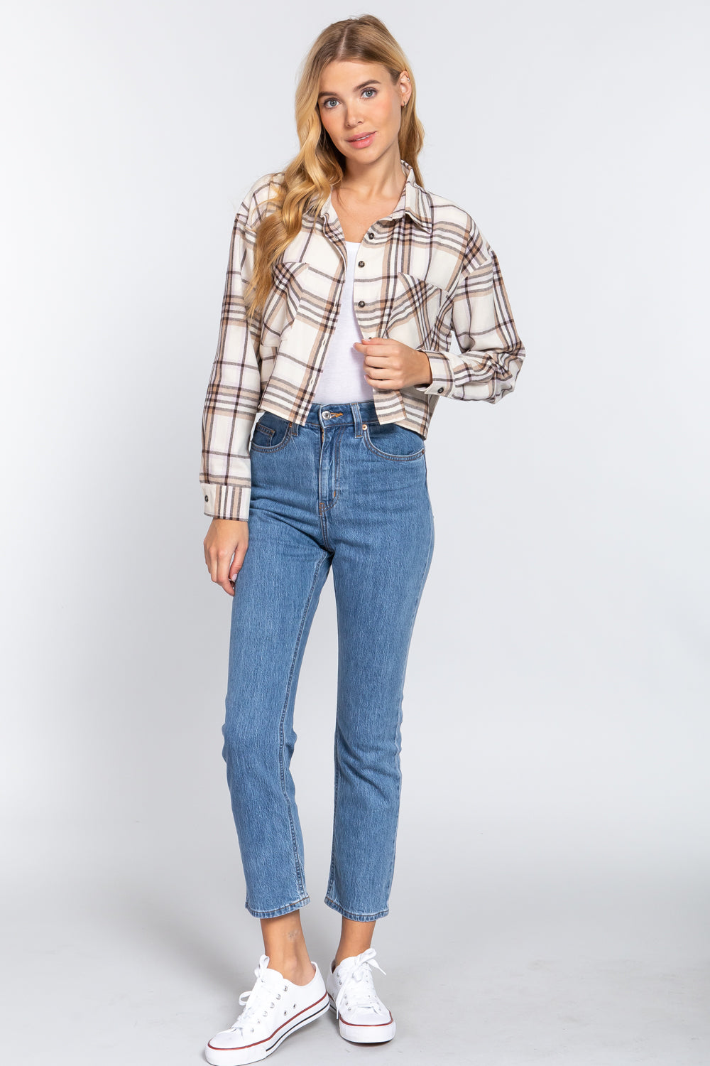 Long Slv Plaid Jacquard Crop Shirt