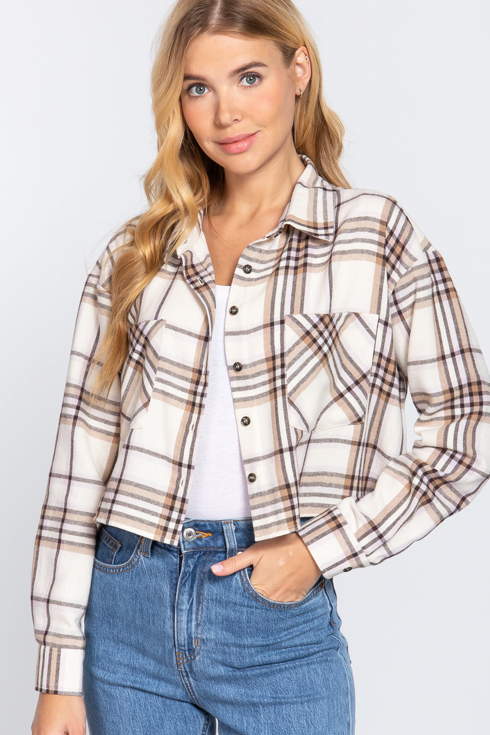 Long Slv Plaid Jacquard Crop Shirt