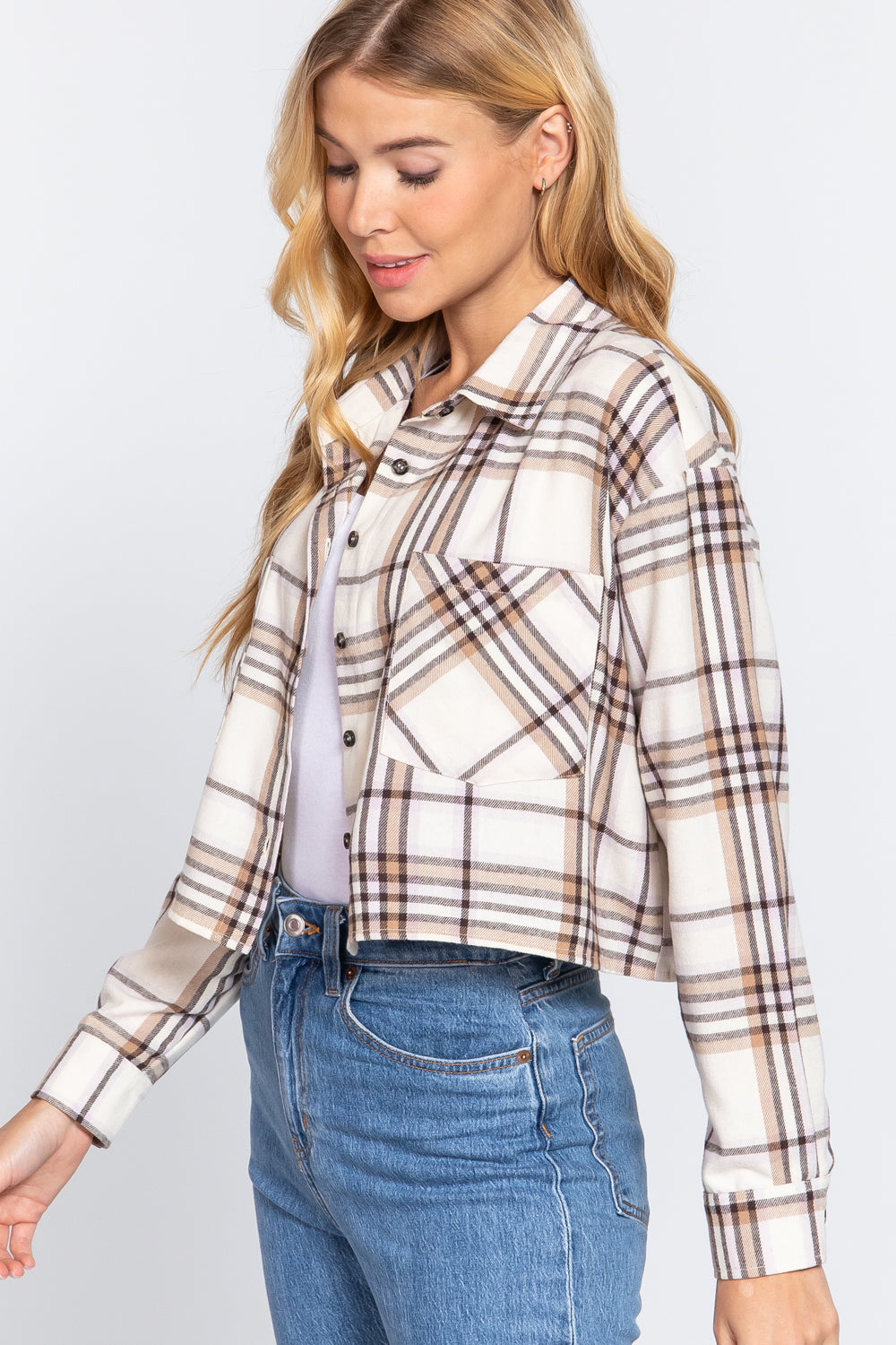 Long Slv Plaid Jacquard Crop Shirt