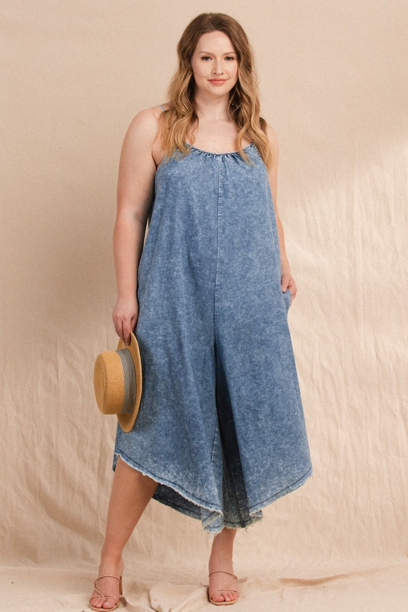 Washed Denim Spaghetti Strap Jumpsuit