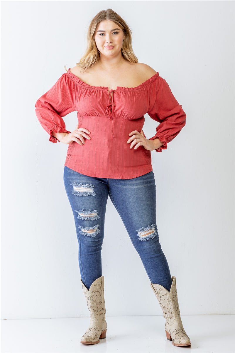 Plus Cotton Embroidery Off-the-shoulder Smocked Back Top