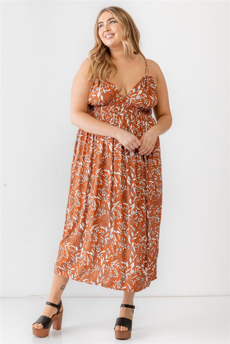 Plus Floral Smocked Waist Sleeveless Midi Dress