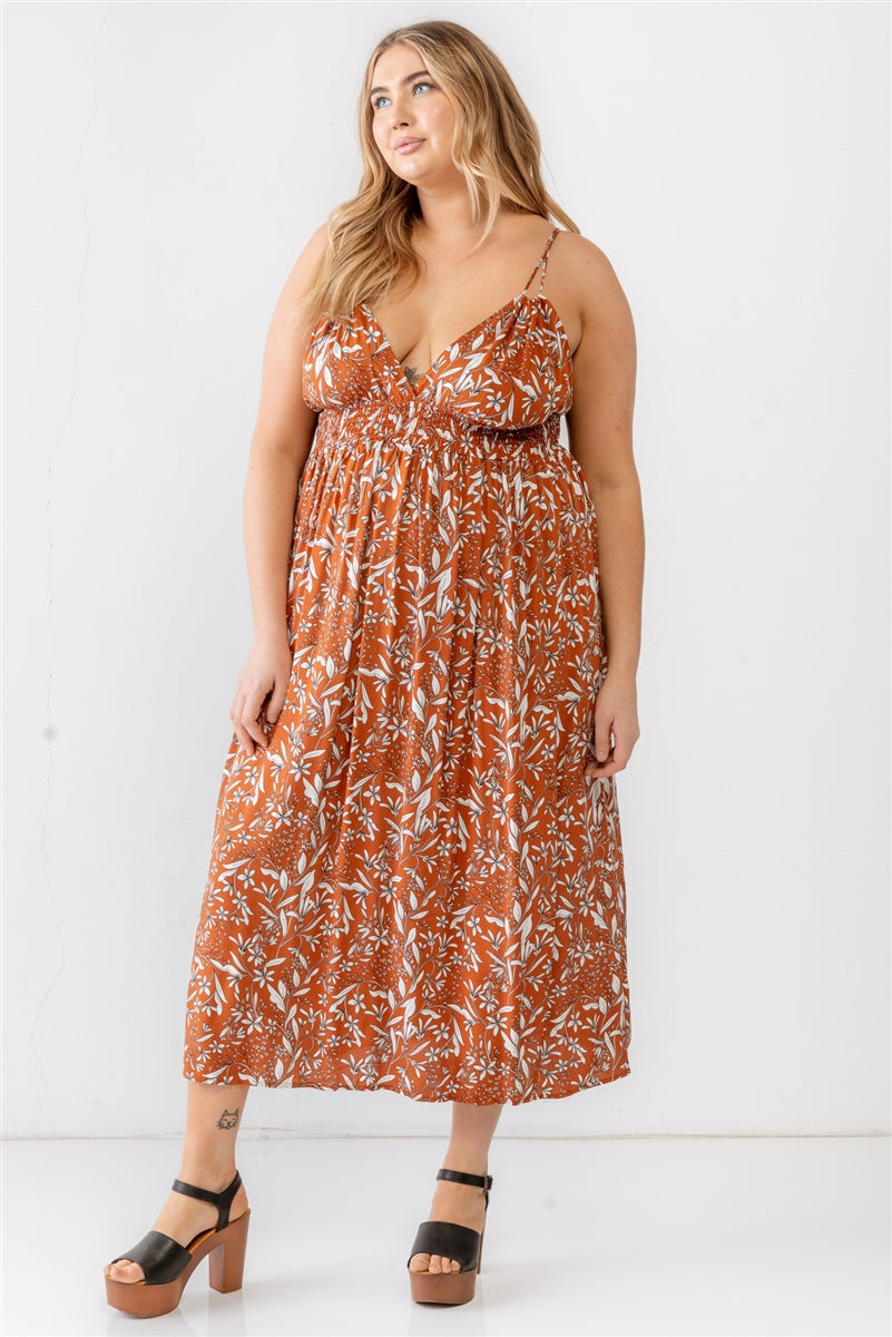 Plus Floral Smocked Waist Sleeveless Midi Dress